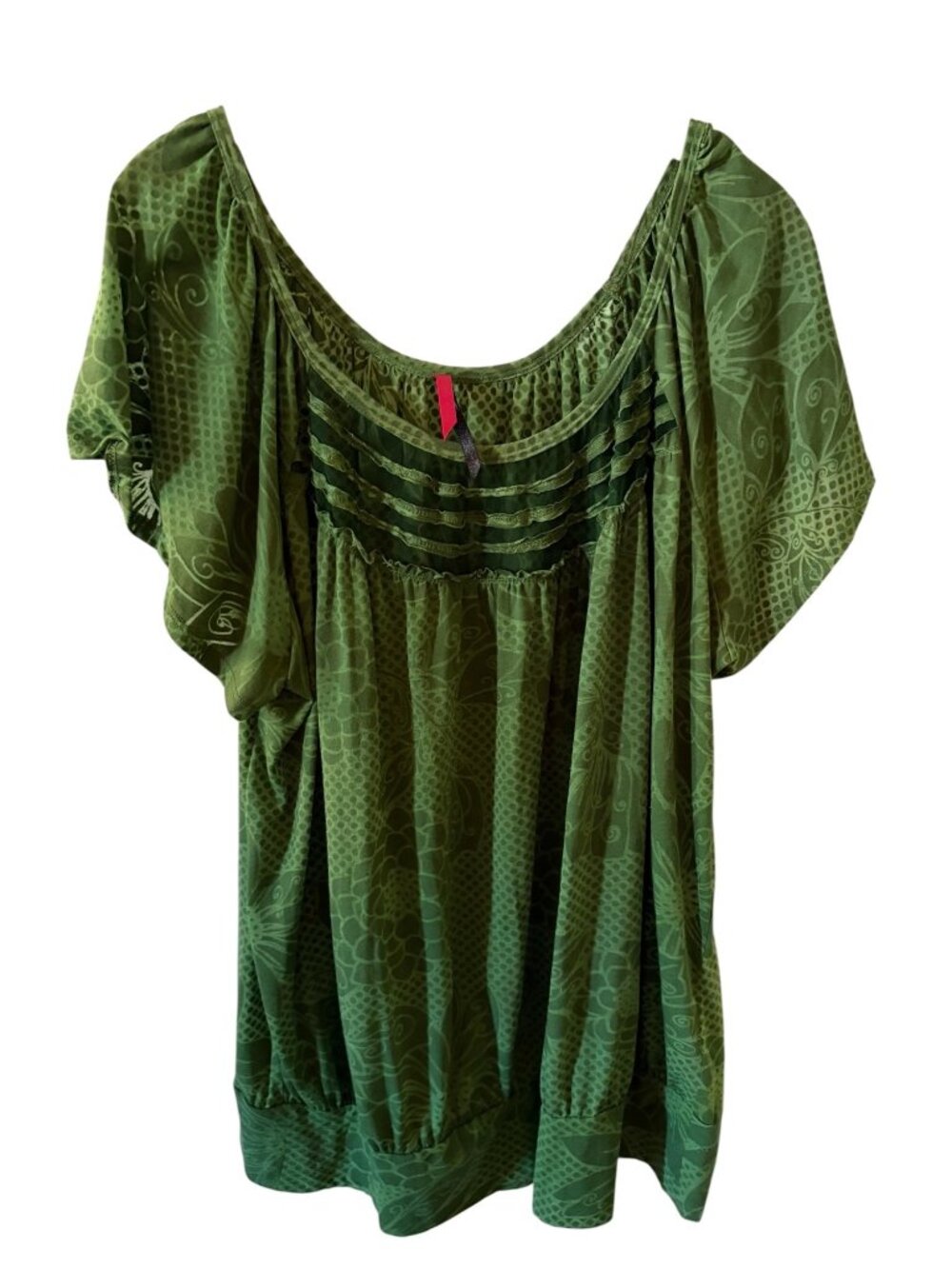 Women's Size 22/24 Green Floral Graphic Top Mesh Pleated Neckline Blouse